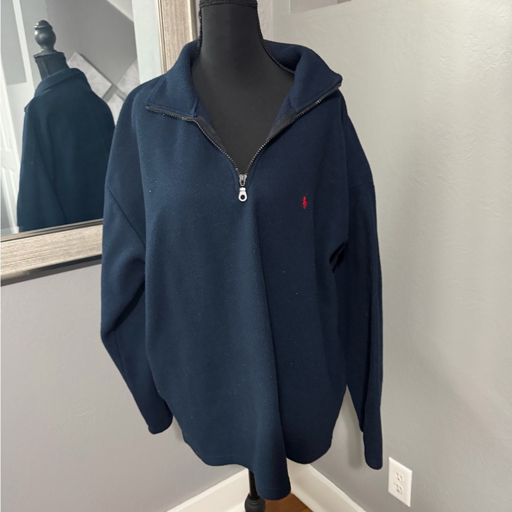 Ralph Lauren Polo Jeans Co. Preppy 1/4 Zip Navy Fleece Sweater Size Large.